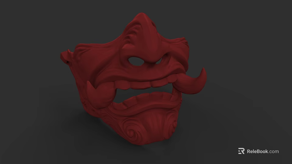 Red Mythical Creature Mask With Exaggerated Facial Features And Ornate Patterns 3d model 