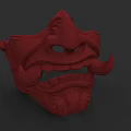 Red Mythical Creature Mask With Exaggerated Facial Features And Ornate Patterns