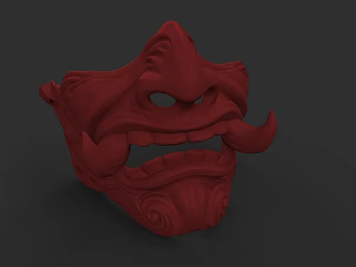 Red Mythical Creature Mask With Exaggerated Facial Features And Ornate Patterns 3d model