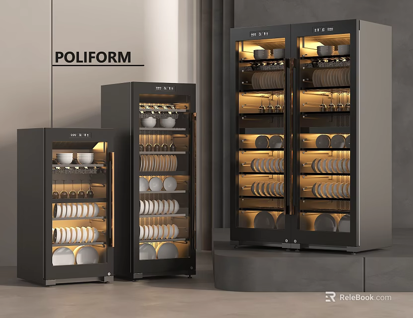 Black Kitchen Appliances With Illuminated Dishware Storage In Various Sizes 3d model