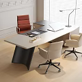 Modern Office Desk With Light Surface Red And Beige Chairs Tablet Notebook And Lamp