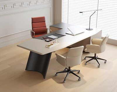 Modern Office Desk With Light Surface Red And Beige Chairs Tablet Notebook And Lamp 3d model