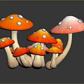 Colorful Edible Mushrooms with Red Orange Caps and White Spots in 3D Rendered Food Illustration