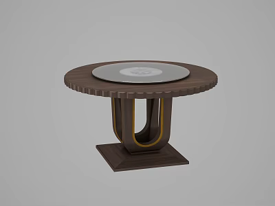 Round Wooden Dining Table With U Shaped Base And Central Glass Top Accents 3d model