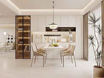 Modern Restaurant Interior With Dining Table Chairs Pendant Light And Green Plant 3d model