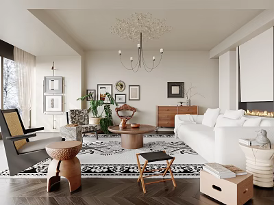 Modern Bright Cozy Living Room Interior With White Sofa Wooden Furniture And Elegant Wall Decor 3d model