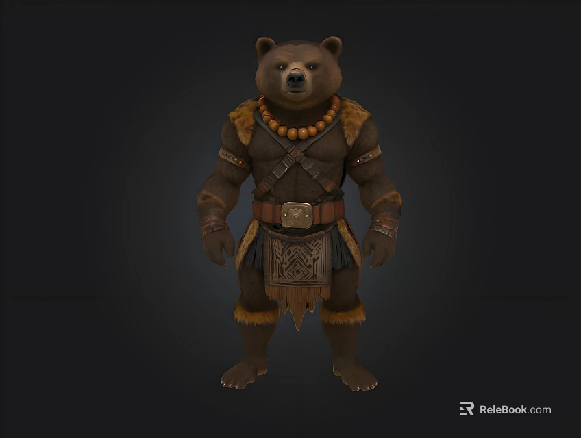 Tribal Bear Character In Beaded Necklace And Decorative Outfit Standing Pose 3d model 