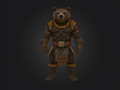 Tribal Bear Character In Beaded Necklace And Decorative Outfit Standing Pose 3d model