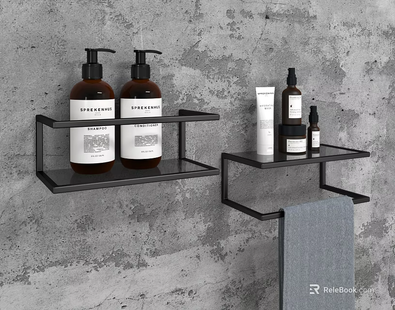 Modern Bathroom Accessories With Black Wall Mounted Shelves Toiletries And Towel 3d model 