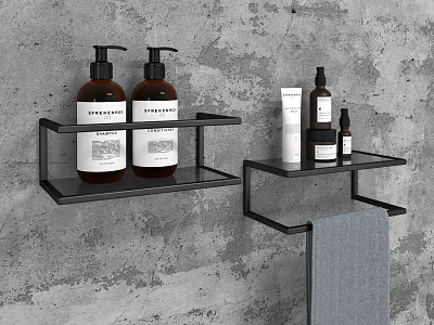 Modern Bathroom Accessories With Black Wall Mounted Shelves Toiletries And Towel 3d model