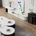 Elegant Modern TV Stand White Black Finish Golden Accents Storage Drawers Decorative Painting Potted Plants