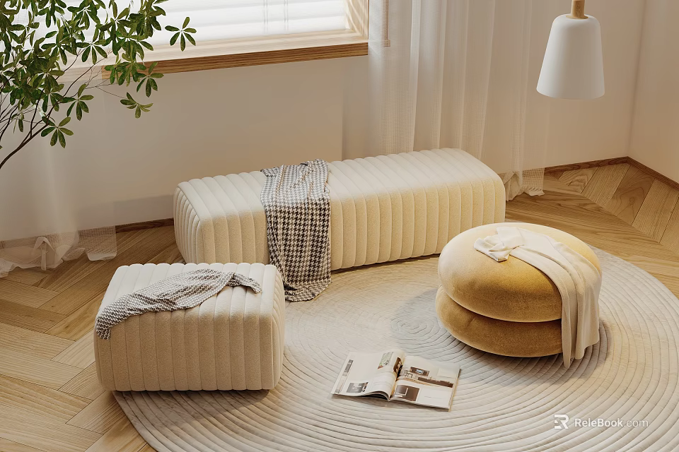 Beige Velvet Ottomans of Various Shapes in Living Room with Blanket Magazine Plant and Window 3d model 
