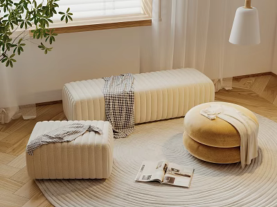 Beige Velvet Ottomans of Various Shapes in Living Room with Blanket Magazine Plant and Window 3d model