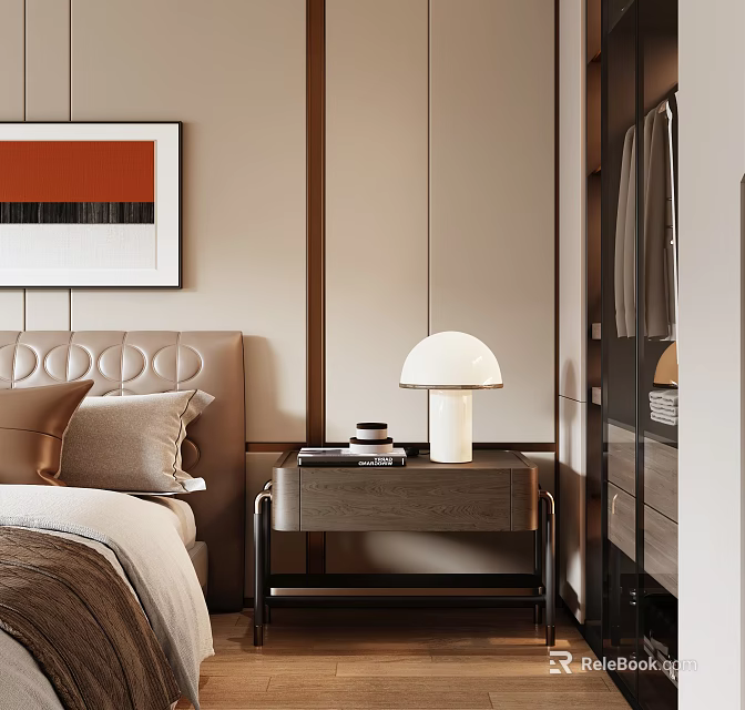 Modern Elegant Bedroom Interior With Tufted Bedhead Wooden Nightstand And White Table Lamp 3d model 