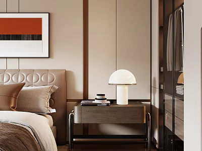 Modern Elegant Bedroom Interior With Tufted Bedhead Wooden Nightstand And White Table Lamp 3d model