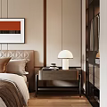 Modern Elegant Bedroom Interior With Tufted Bedhead Wooden Nightstand And White Table Lamp