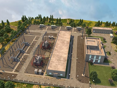 Large Industrial Factory Building Complex with Surrounding Trees Roads and Equipment 3d model