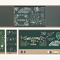 School Chalkboard Wall With Welcome Back Graffiti And Learning Supplies Art