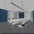 Modern Conference Room Interior With Long Table Chairs Blue Curtains And Lighting