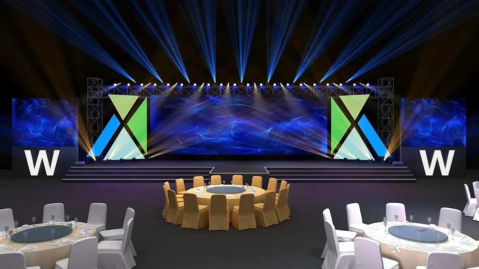 Event Stage Setup With Blue Lighting Large Screen Geometric Decor Round Tables And Chairs 3d model 