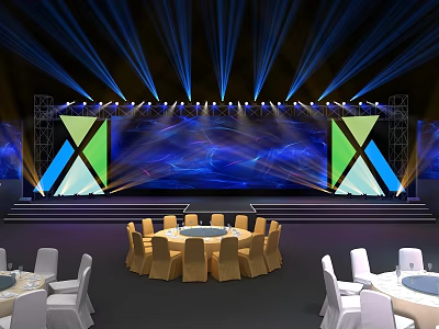 Event Stage Setup With Blue Lighting Large Screen Geometric Decor Round Tables And Chairs 3d model