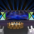 Event Stage Setup With Blue Lighting Large Screen Geometric Decor Round Tables And Chairs 3d model