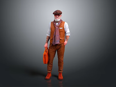 Man Wearing Brown Vest White Shirt Pants With Hat Glasses Orange Briefcase On Gray Background 3d model