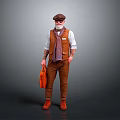 Man Wearing Brown Vest White Shirt Pants With Hat Glasses Orange Briefcase On Gray Background
