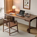 Chinese Style Home Office Setup With Wooden Desk Chair Laptop Lamp And Bookshelf