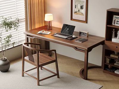 Chinese Style Home Office Setup With Wooden Desk Chair Laptop Lamp And Bookshelf 3d model