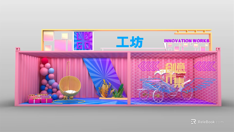 Vibrant Photo Spot With Pink Purple Decorations Creative Market Workshop Balloons Chair Plants Decorative Cart 3d model 