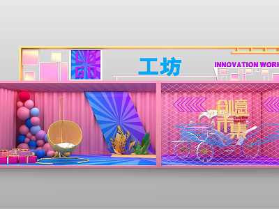 Vibrant Photo Spot With Pink Purple Decorations Creative Market Workshop Balloons Chair Plants Decorative Cart 3d model