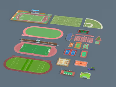 Detailed Sports Field 3D Models Including Track Football Basketball And Tennis Courts 3d model