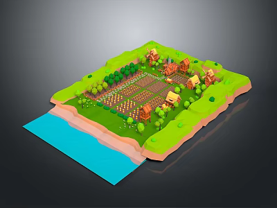 Rural Natural Scene With Lush Green Grass Trees Scattered Farmhouses Cropland And River 3d model
