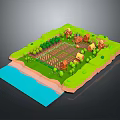 Rural Natural Scene With Lush Green Grass Trees Scattered Farmhouses Cropland And River