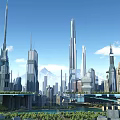 Futuristic City Architecture With Tall Skyscrapers Modern Design Flying Vehicles And Mountain Backdrop