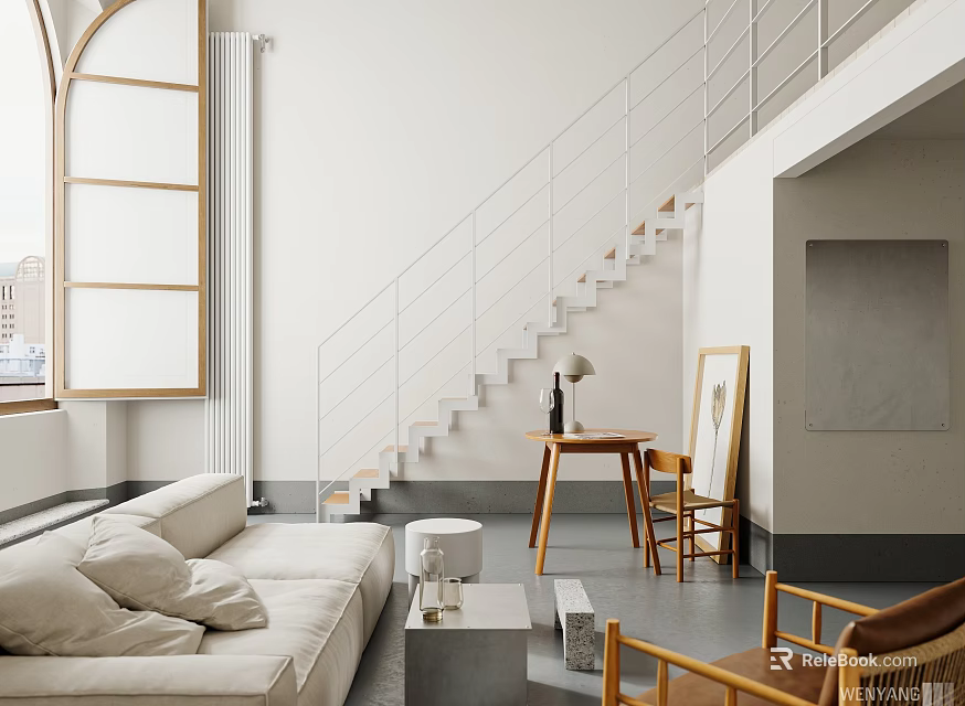 Minimalist Apartment Interior With Staircase Sofa And Large Windows 3d model 