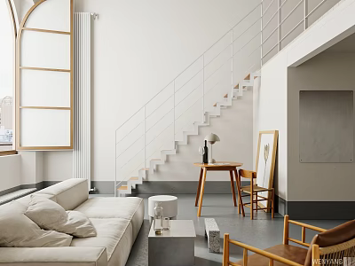 Minimalist Apartment Interior With Staircase Sofa And Large Windows 3d model