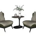 Modern Leisure Chairs With Beige Cushions Dark Frame And Small Round Table With Green Plant