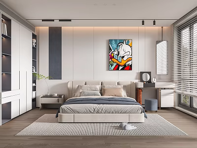 Modern Bedroom Interior With Comfortable Bed Colorful Artwork Built in Shelves And Window Blinds 3d model