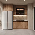 Apartment Modern Kitchen Featuring Silver Refrigerator Wooden Cabinets And Speckled Backsplash Lighting