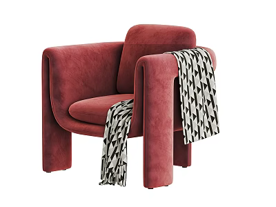Cozy Red Fabric Accent Chair With Black And White Geometric Pattern Blanket 3d model