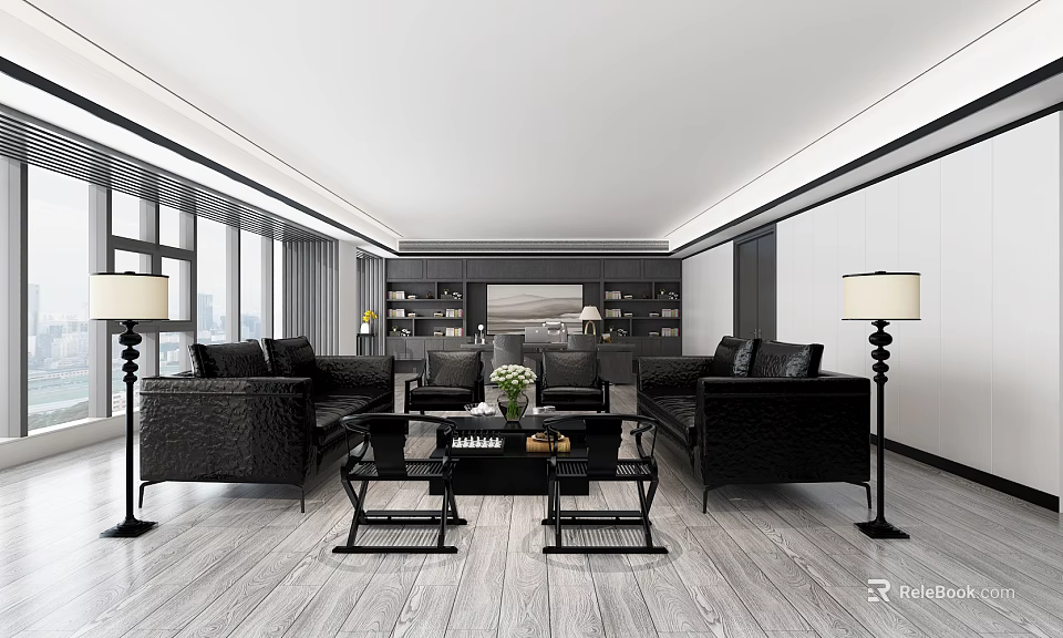 Modern Office Interior With Black Sofas Chairs Coffee Table Floor Lamps And Large Windows 3d model