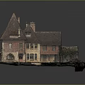 Cartoon Scene of Charming Fairy Tale House with Pointed Roofs Stone Walls and Small Yard