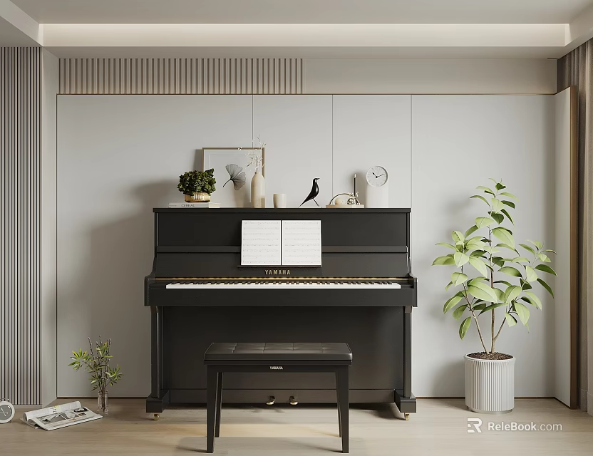 Stylish Piano Room With Black Piano And Green Plants 3d model 