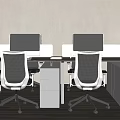 Modern Office Desk Setup With Dual Monitors White Mesh Chairs And Filing Cabinets