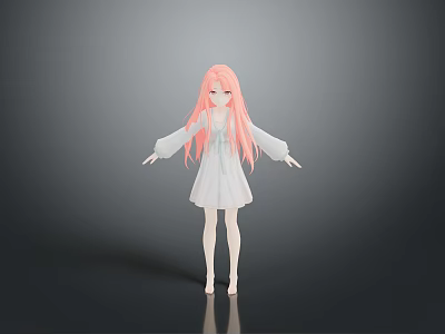 Game Movie Character With Pink Long Hair White Dress Arms Outstretched 3D Model Dark Background 3d model