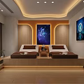 Elegant SPA Sauna Room Interior With Wooden Decor Massage Beds Wall Art And Ceiling Lighting