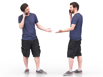 Two Men Talking on Phone Reaching Out Hands in Blue T-Shirt and Black Cargo Shorts 3d model