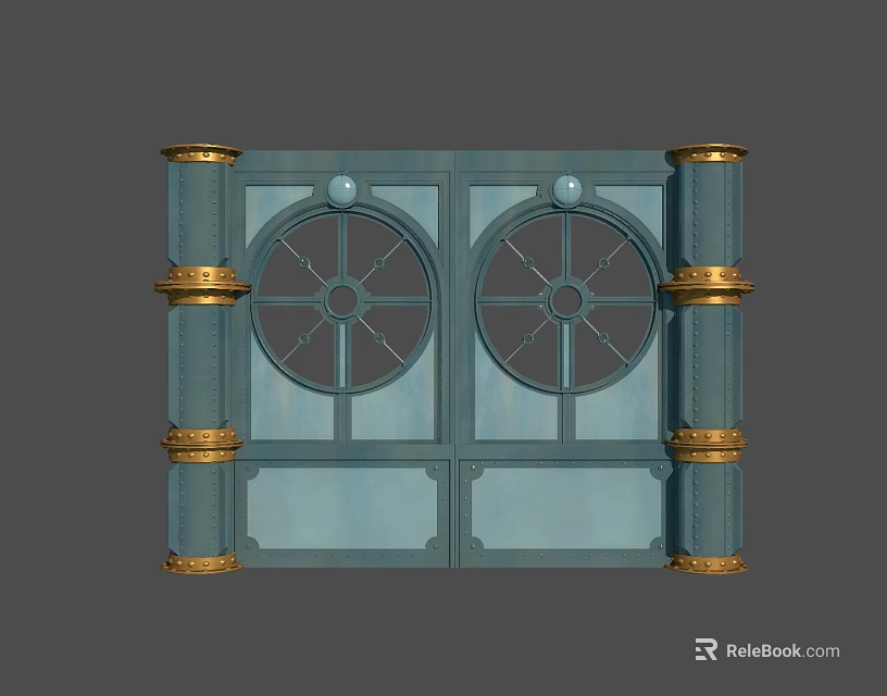 Decorative Blue Wall With Circular Windows And Golden Column Accents 3d model 